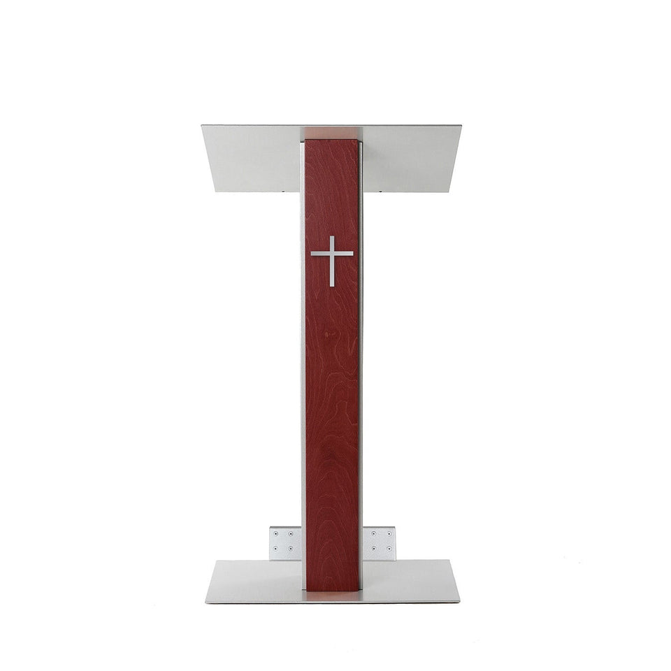 Lutrin Y5 Acajou - Aluminium et bois par Produits Urbann - vue avant avec roulettes et croix
