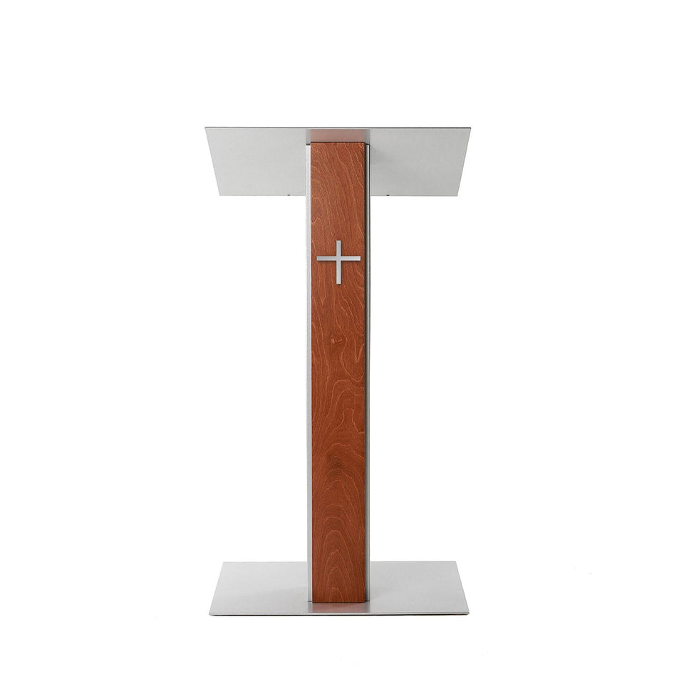 Lutrin Y5 Cognac - Aluminium et bois par Produits Urbann - vue avant - avec croix