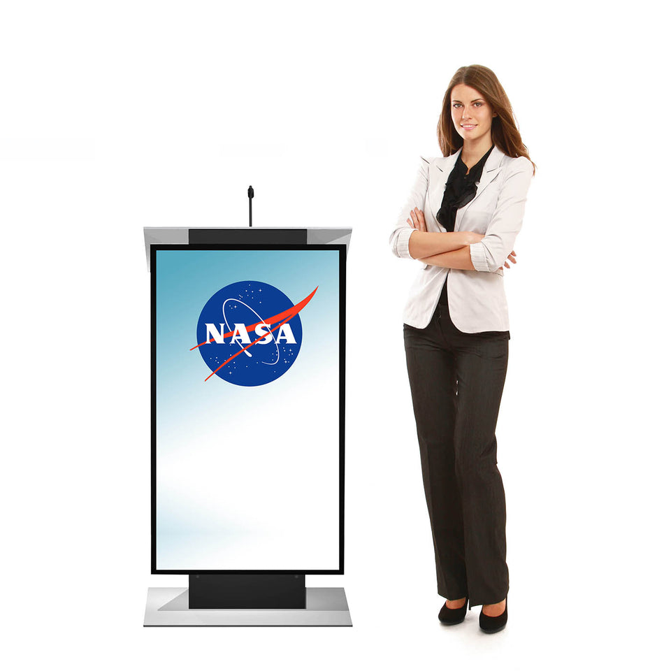 Lutrin K5 - Aluminium, par Produits Urbann avec femme