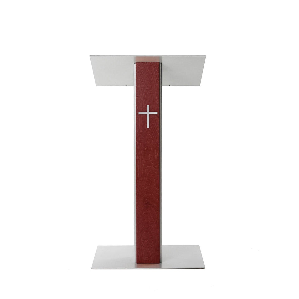 Lutrin Y5 Acajou - Aluminium et bois par Produits Urbann - vue avant avec croix