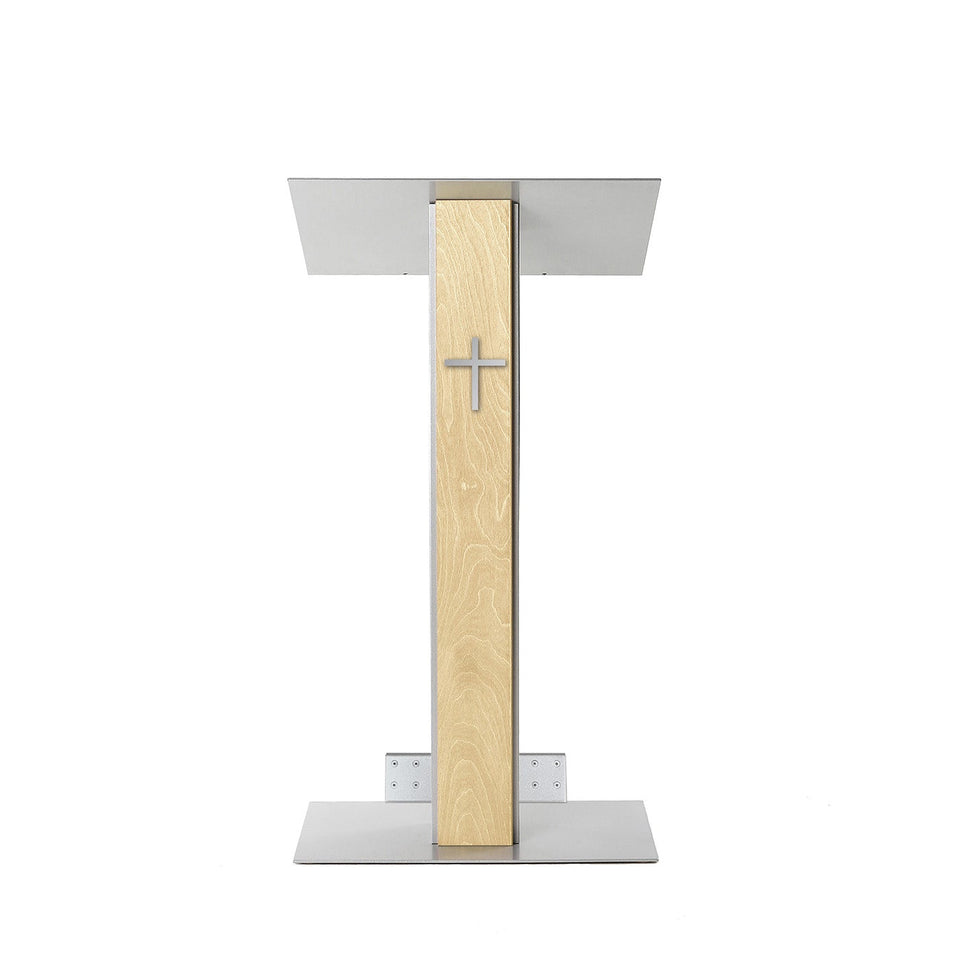 Lutrin Y5 Naturel - Aluminium et bois par Produits Urbann - vue avant avec roulettes et croix