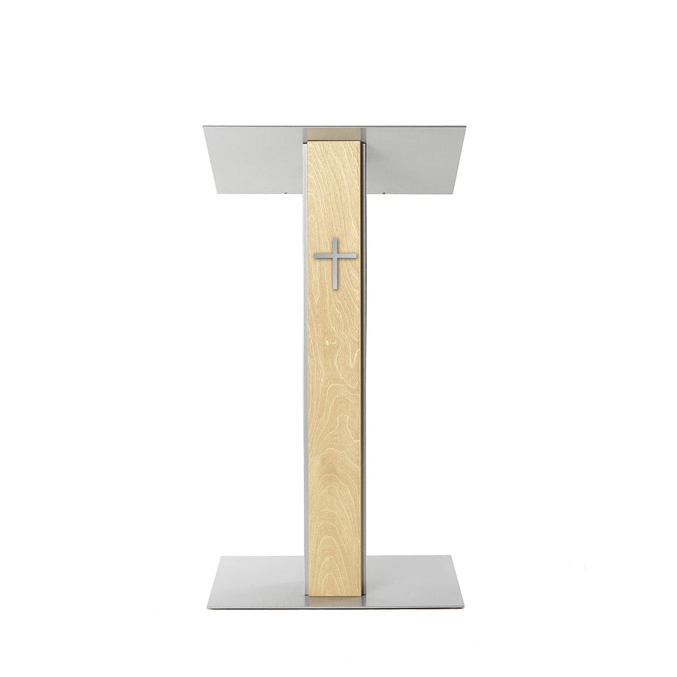 Lutrin Y5 Naturel - Aluminium et bois par Produits Urbann - vue avant avec croix