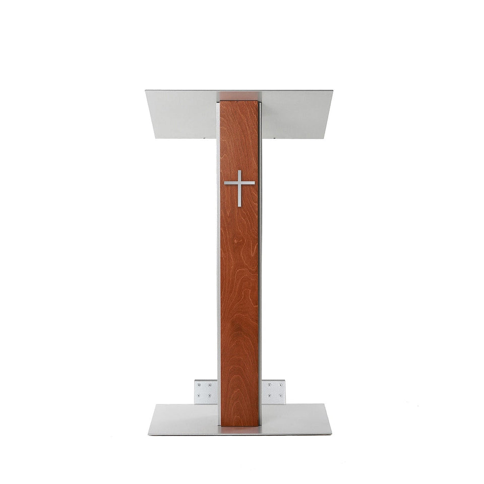 Lutrin Y5 Cognac - Aluminium et bois par Produits Urbann - vue avant avec roulettes - avec croix
